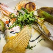 Dick Kanatzar's Frutti di Mare: Scallop, prawn, razor clam, mussel, battarga, black corn butter, Kathy Lehr's bread