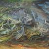 A Devonian Incident, 1993, oil on panel, by former director William E. Scheele. This painting depicts the giant armored fish Dunkleosteus terrelli swimming along the floor of the ancient Devonian Sea. All of the animals and plants depicted in the painting have been found as fossils in the Cleveland area and are in the collections of the Cleveland Museum of Natural History.
